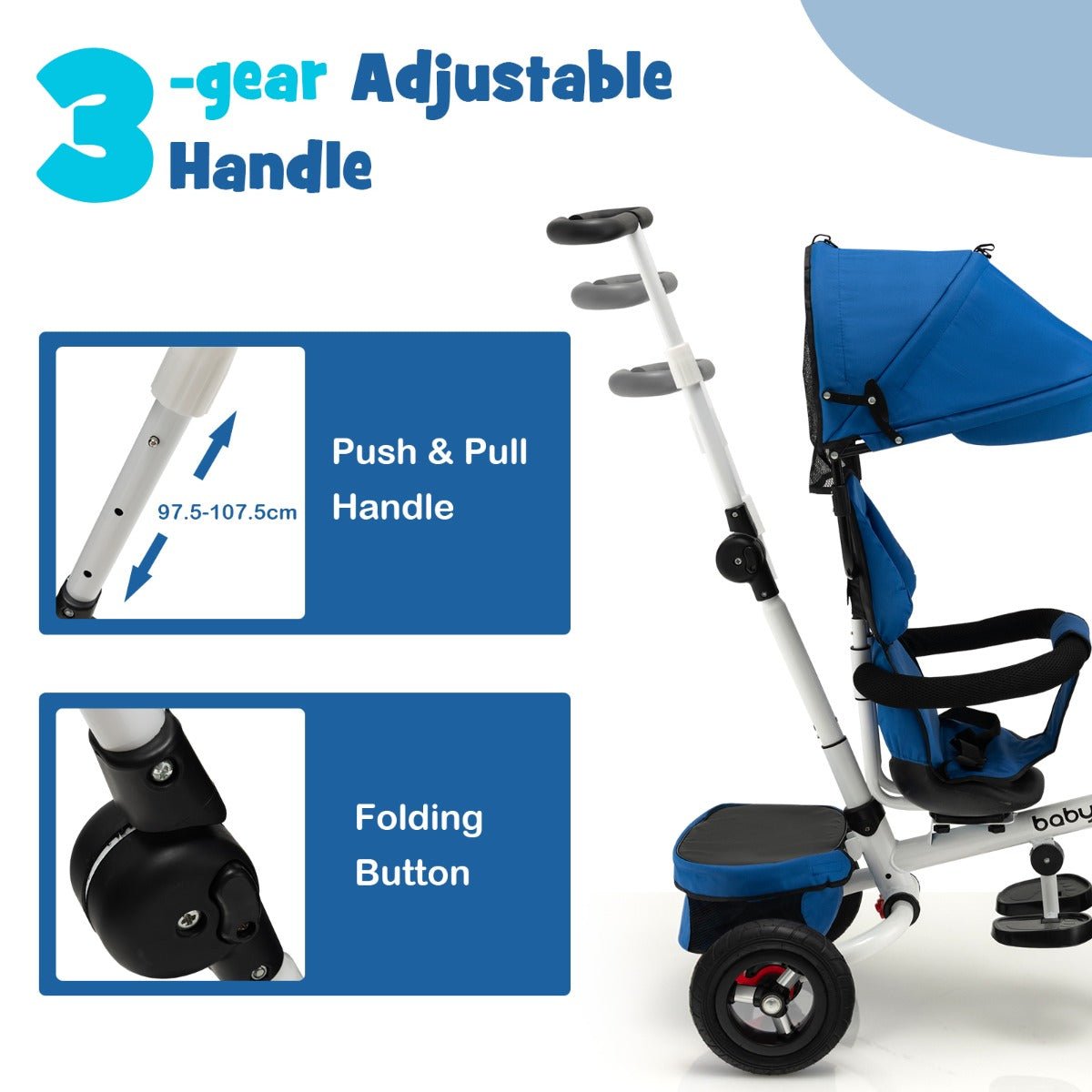 Safe and Stylish: Blue Tricycle Stroller with Sun Canopy