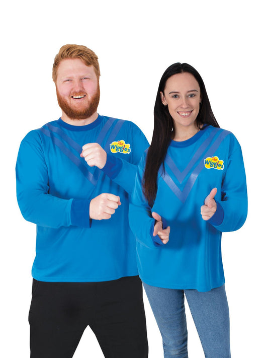 The Wiggles Blue Skivvy Costume Top for Adults, perfect for childrens dress-up playtime.