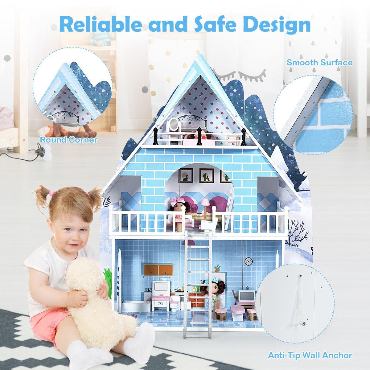 Interactive Play: Wooden Dollhouse Playset with 15 Pieces for Imaginative Learning