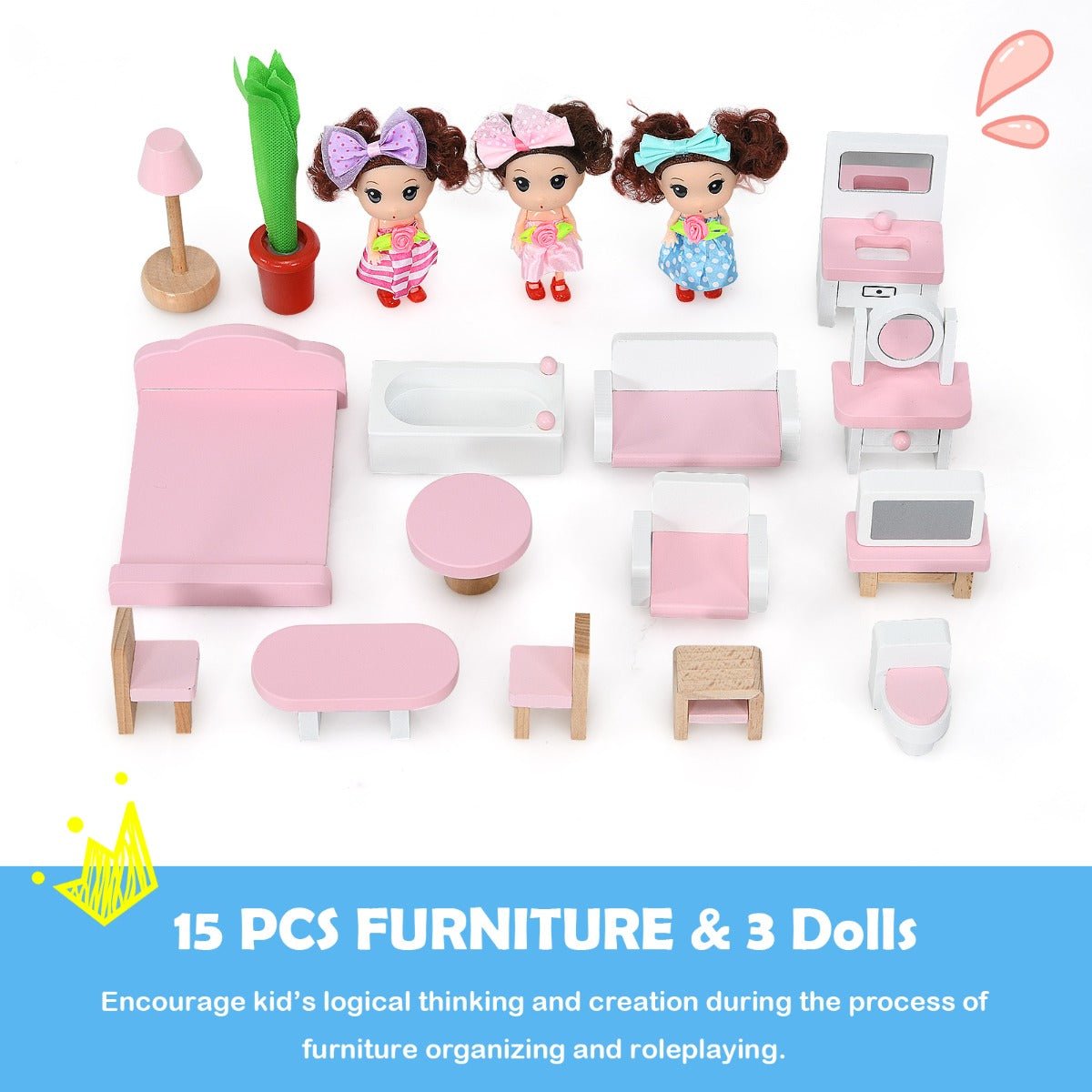 Dreamy Dollhouse: Wooden Dollhouse Playset with 15-Piece Furniture for Endless Stories