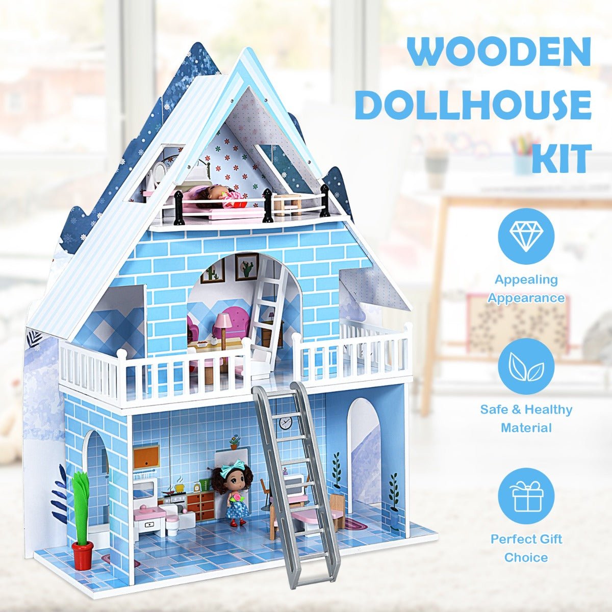 Furnished Fun: Wooden Dollhouse Playset with 15 Pieces for Wholesome Playtime