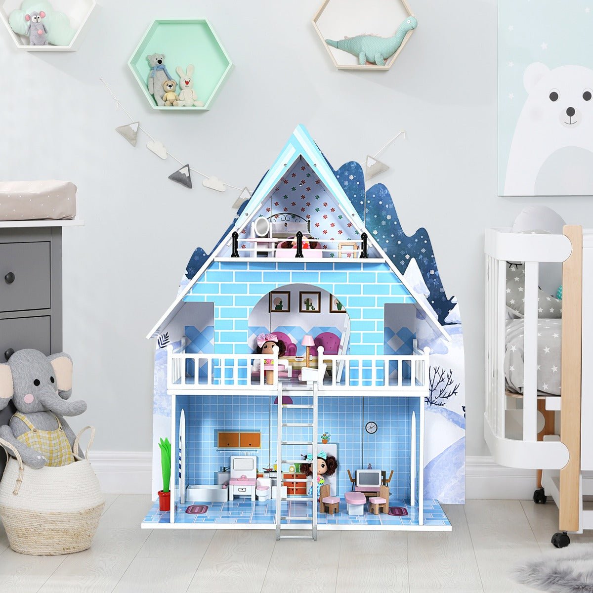Creative Oasis: Wooden Dollhouse Playset with 15-Piece Furniture for Imaginative Adventures