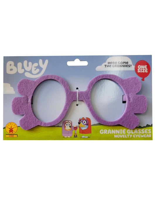 Bluey Grannie purple costume glasses for kids with no lens, perfect for imaginative play.