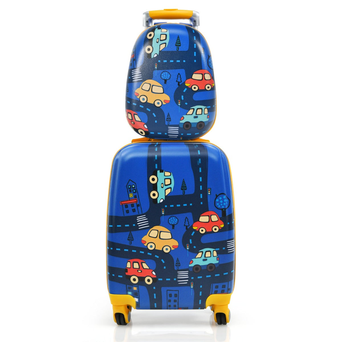 Astronaut-themed kids luggage set with wheels and matching backpack for travel and play.