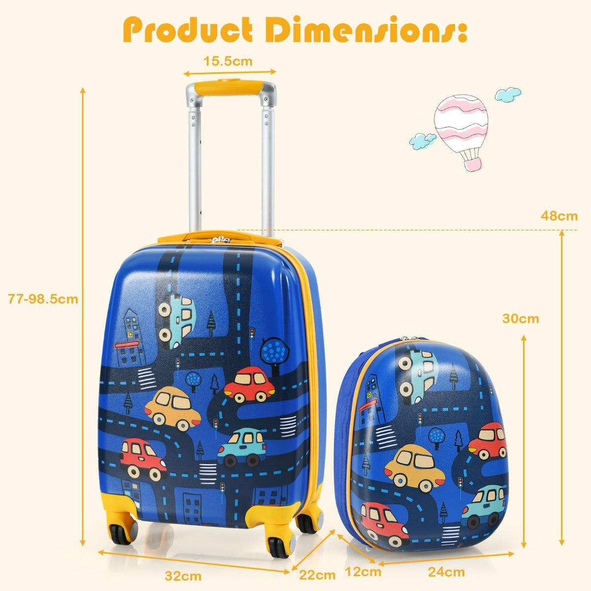 Kids astronaut luggage set with backpack and wheels, perfect for travel and storage.