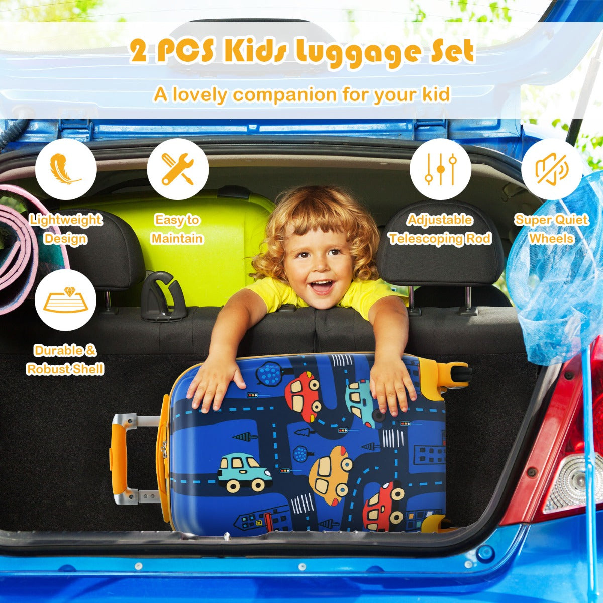 Kids astronaut luggage set with wheels and backpack for playful storage and travel adventures.