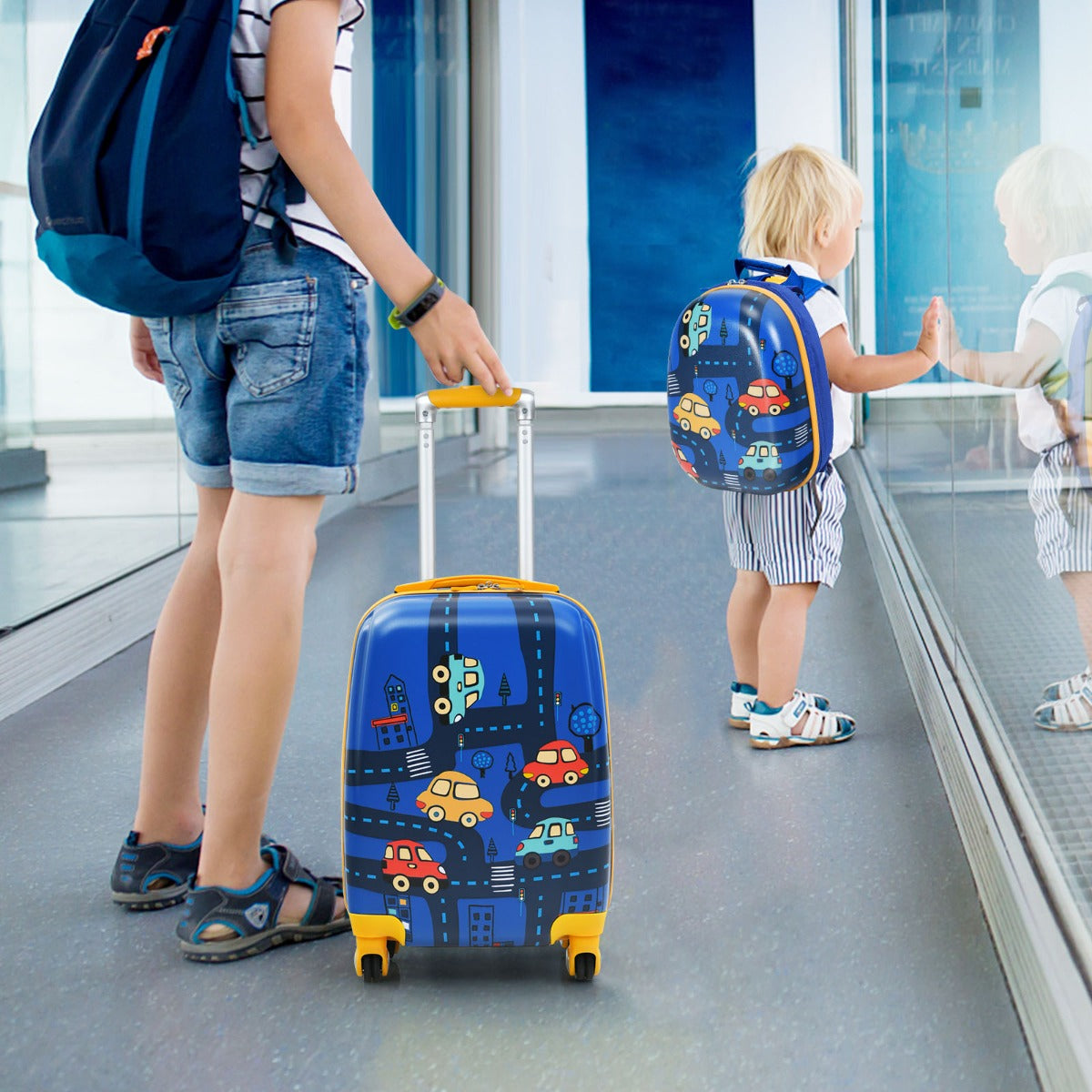 Kids astronaut luggage set with wheels and backpack for fun travel adventures. Space-themed design.