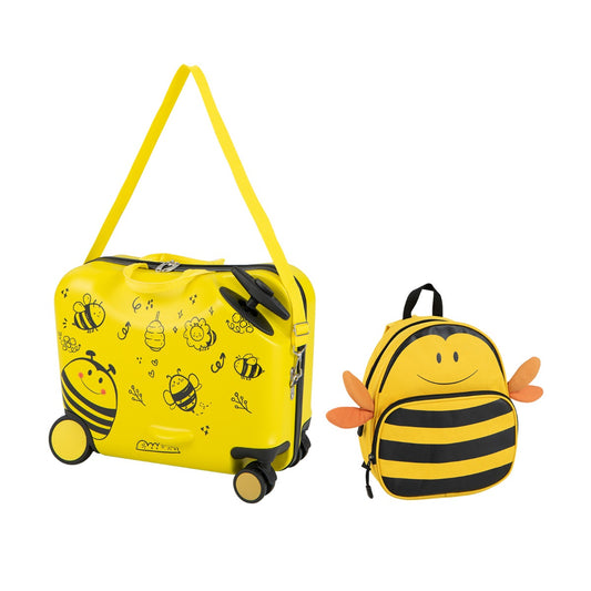 Childs bee-themed luggage set with spinner wheels for travel, playful design for kids convenience.