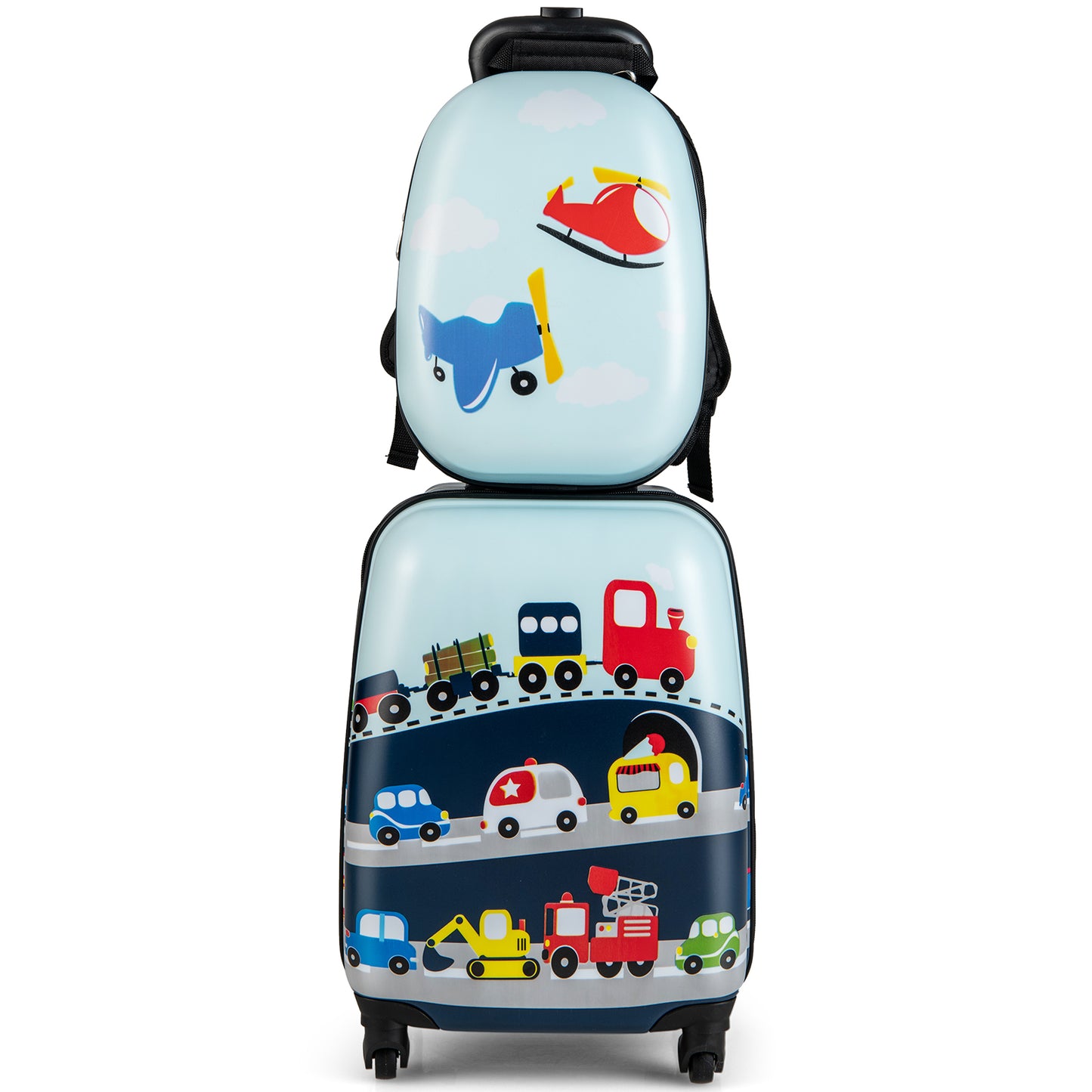 Navy kids luggage set with spinner wheels, designed for easy travel and storage.