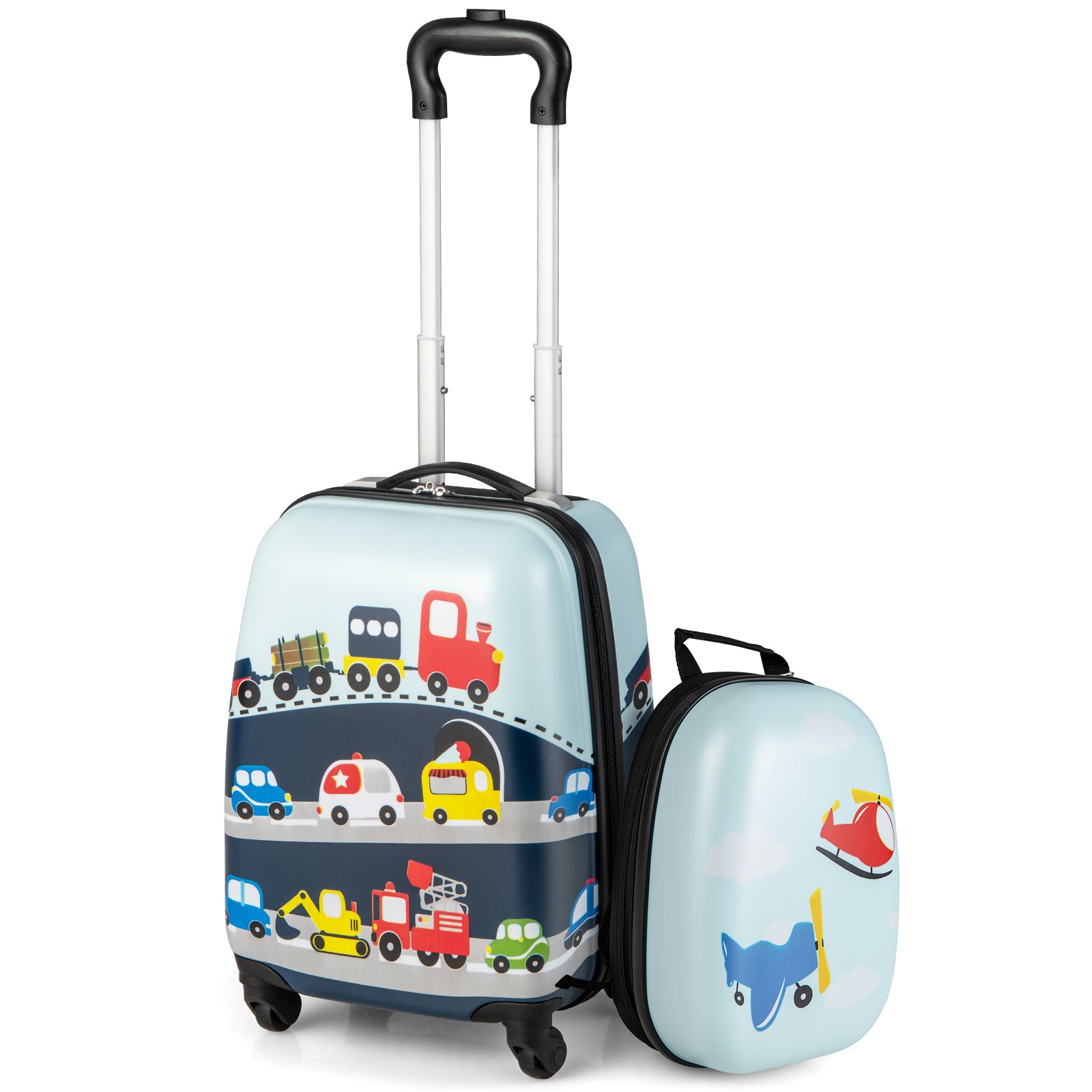 Kids navy luggage set with spinner wheels for travel, easy handling, and storage.