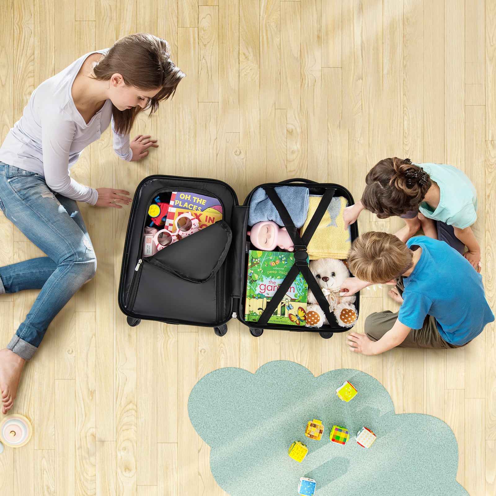 Kids navy luggage set with spinner wheels, ideal for travel, playdates, and sleepovers.