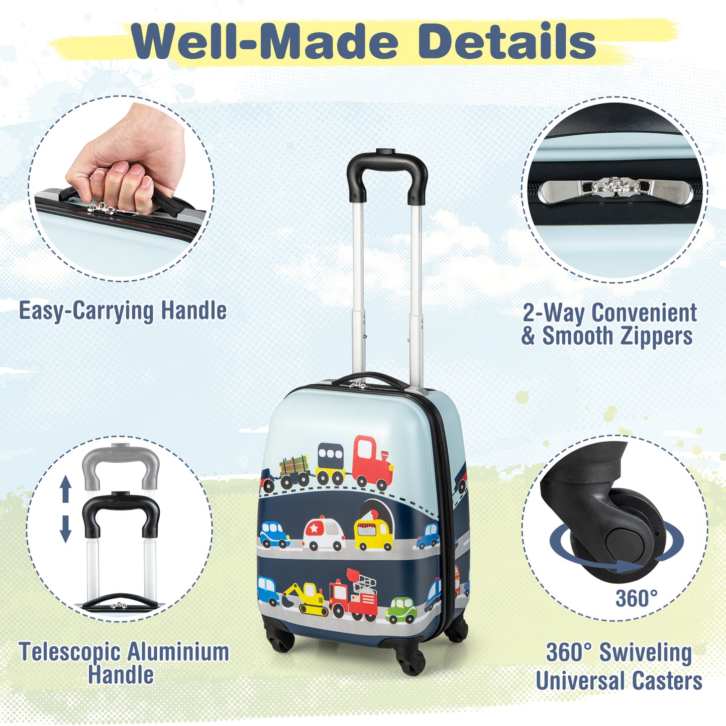 Kids navy luggage set with spinner wheels for travel, ideal for young travelers.