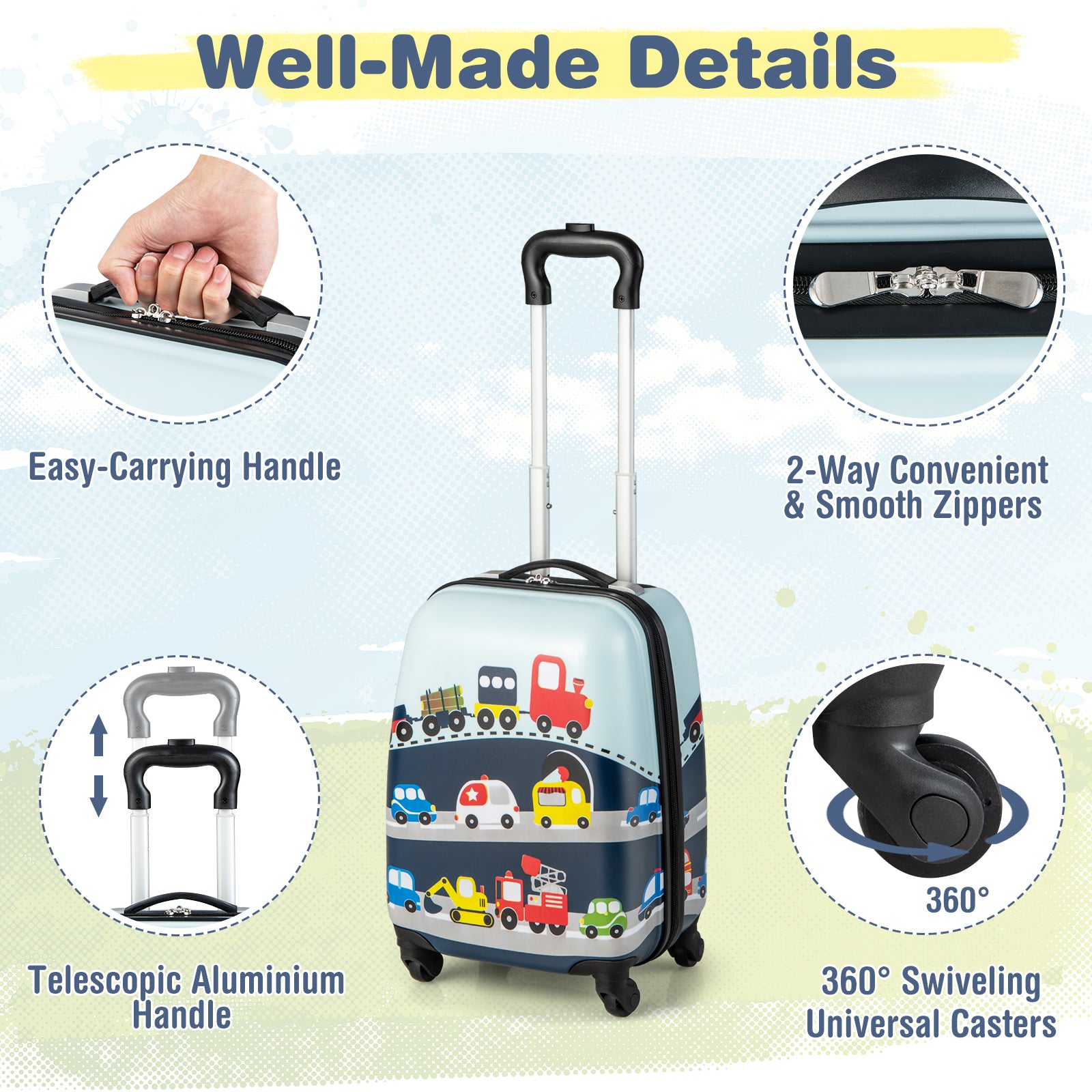 Kids navy luggage set with spinner wheels for travel, ideal for young travelers.