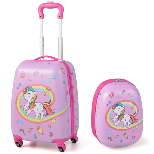 Kids pink luggage set with spinner wheels, perfect for travel and sleepovers.