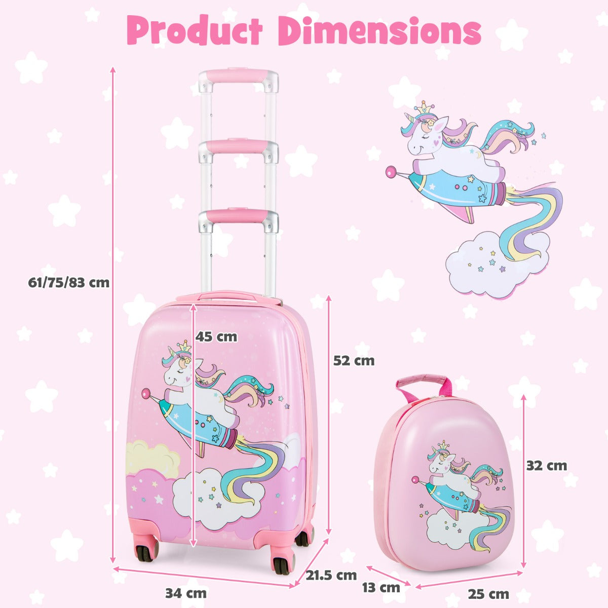 Kids pink suitcase and backpack set with spinner wheels for easy travel and storage.