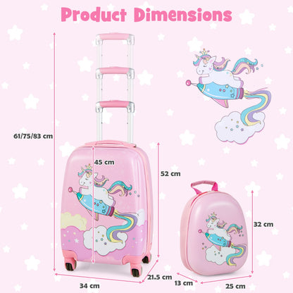 Kids pink suitcase and backpack set with spinner wheels for easy travel and storage.