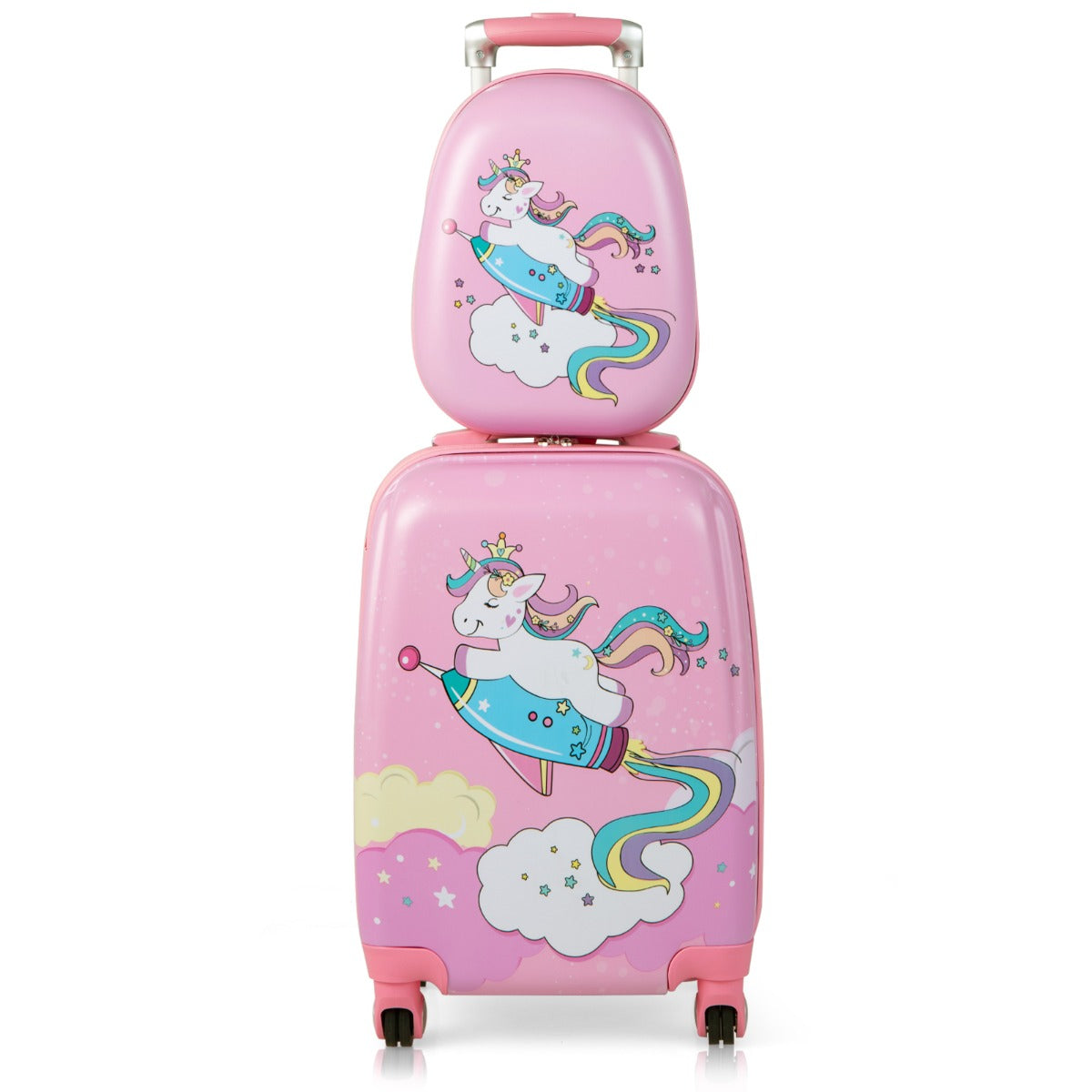 Kids pink suitcase and backpack set with spinner wheels, perfect for travel and sleepovers.