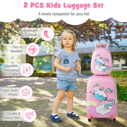 Kids pink rolling suitcase and backpack set with spinner wheels, perfect for travel adventures.