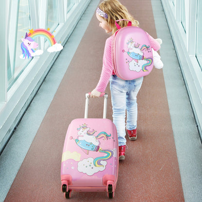 Kids pink rolling suitcase and backpack set with spinner wheels for travel and playdates.