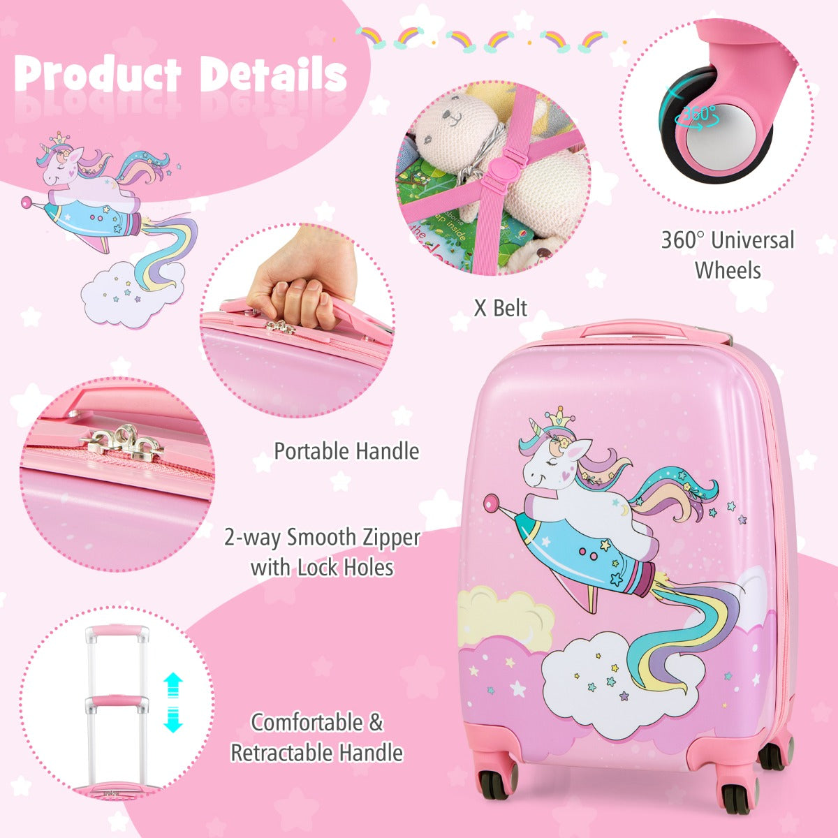 Kids pink rolling suitcase and backpack set with spinner wheels, perfect for travel and school.