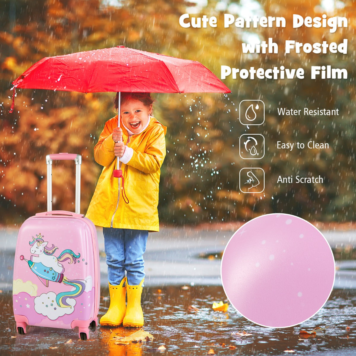 Kids pink suitcase and backpack set with spinner wheels for convenient travel and storage.