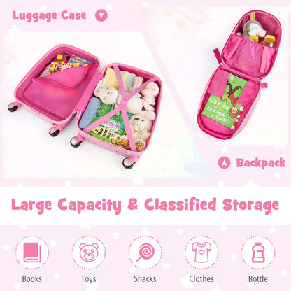 Childrens pink rolling suitcase set with spinner wheels for easy travel and organization