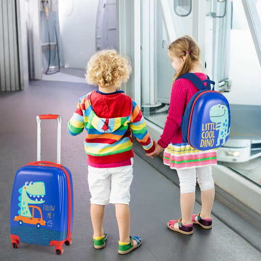 Blue Unicorn kids rolling suitcase and backpack set for travel or sleepovers.