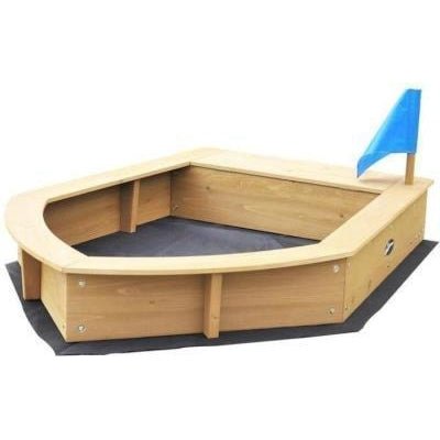 Wooden boat sandpit with storage, ideal for imaginative play in childrens outdoor spaces.