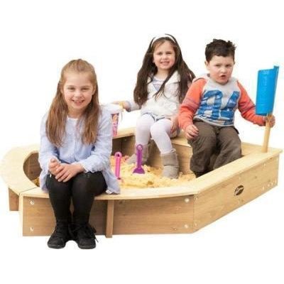 Wooden boat sandpit with storage, perfect for outdoor play in the backyard.