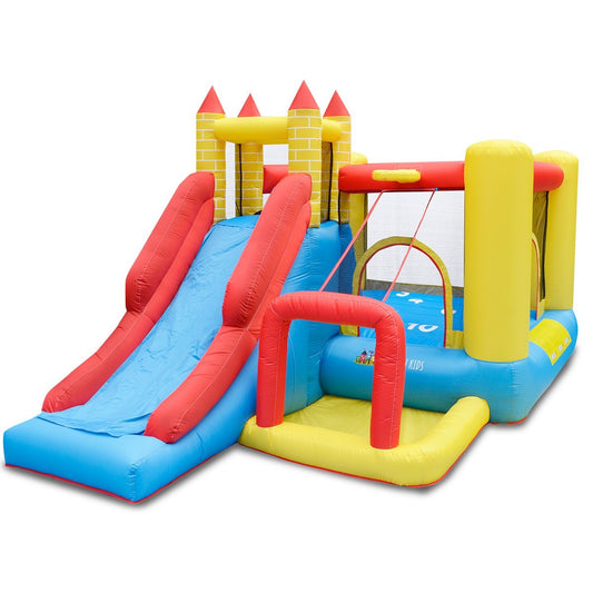 Inflatable jumping castle with slide and basketball hoop for active kids at home.