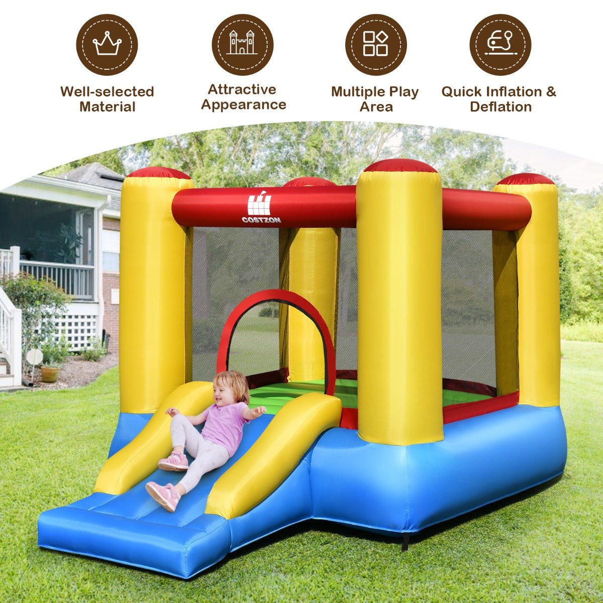 Inflatable Kids Playhouse - Bouncy House with Slide & Basketball Fun