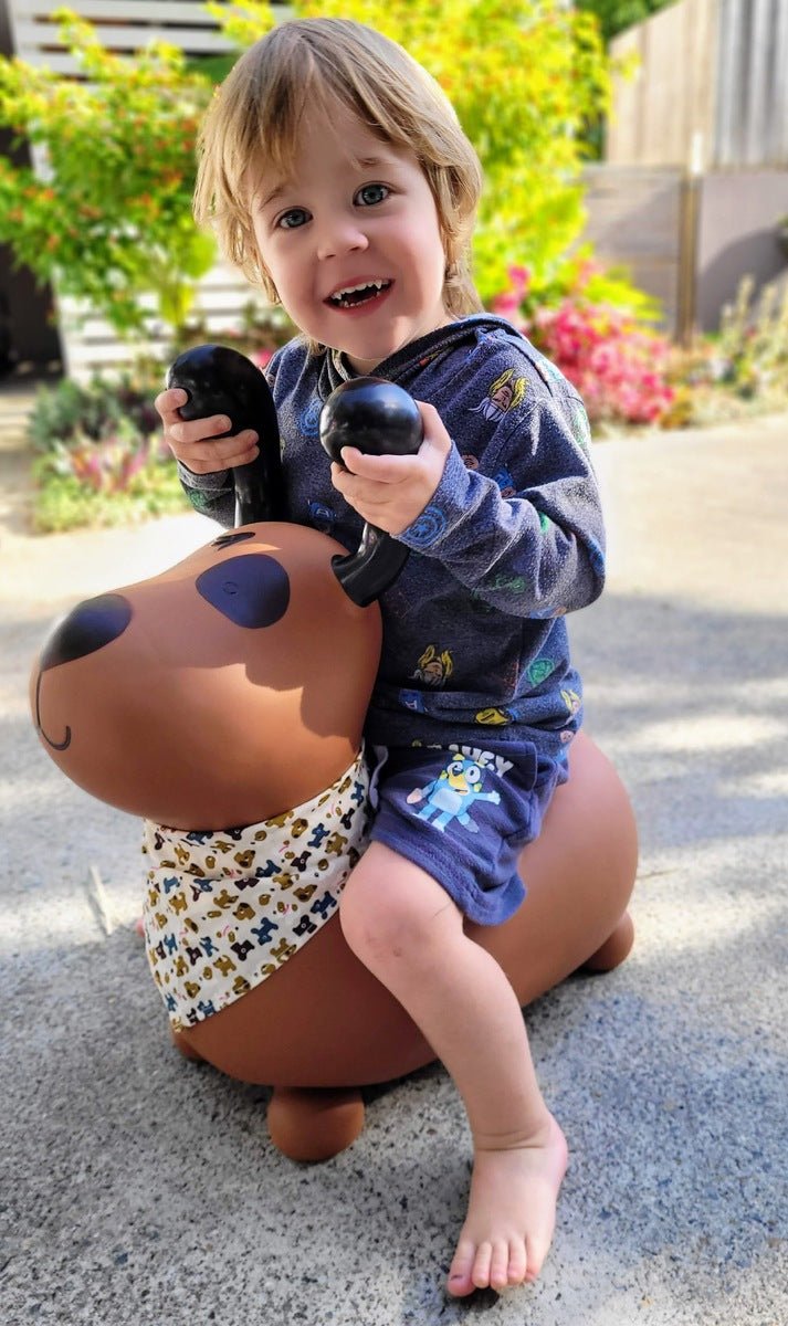 Adorable Bouncy Rider Pudding The Dog toy for active play at home, perfect for kids.