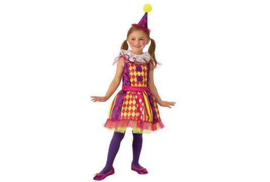 Vibrant clown costume with matching headpiece for kids imaginative play at home.