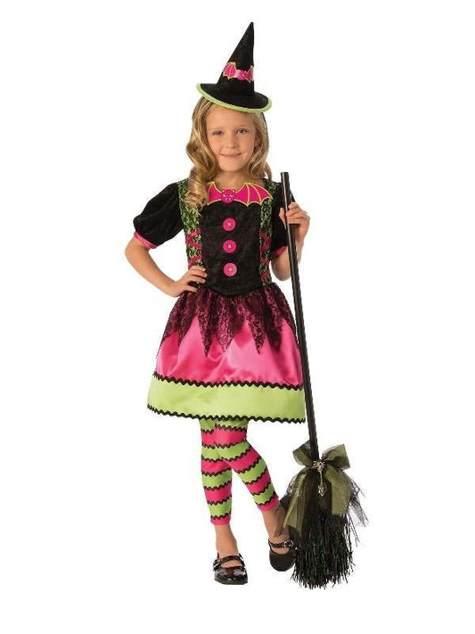 Halloween witch costume set with colorful hat and tights for kids dress-up fun at home.