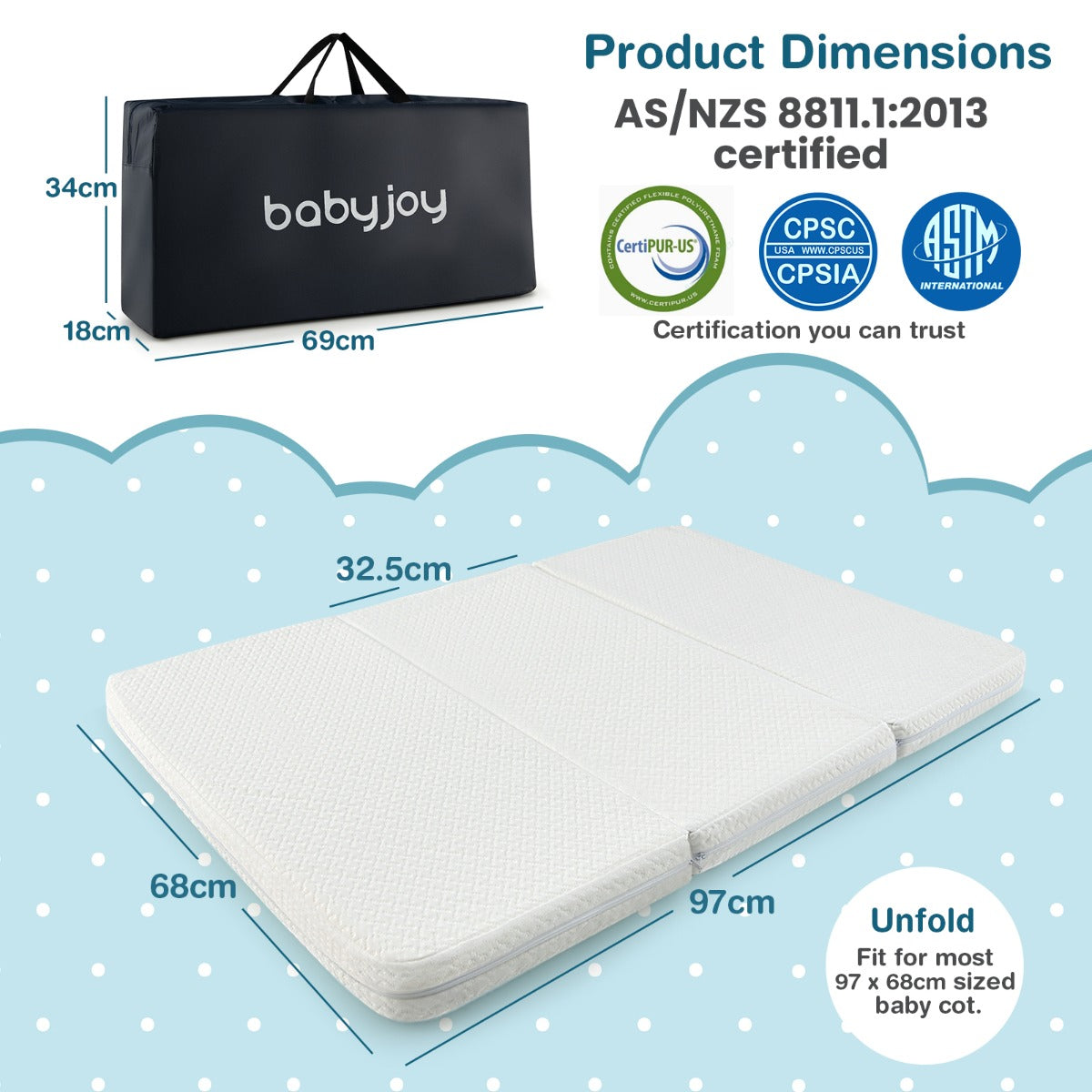 Portable tri-fold baby foam mattress with carry bag for travel, ideal for childrens comfort.