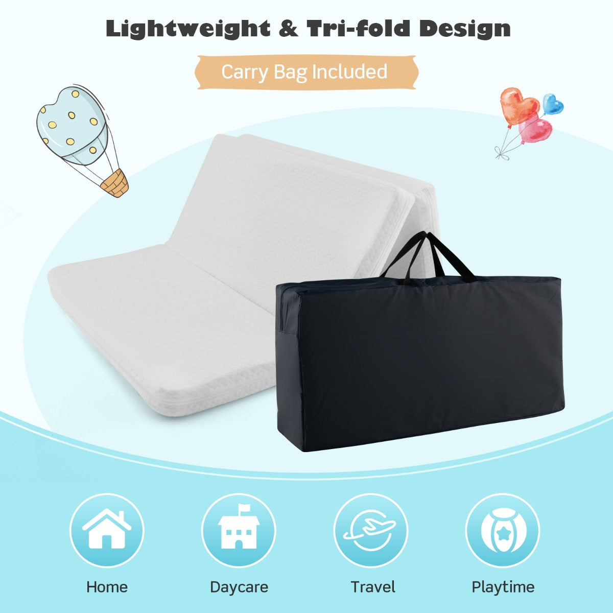 Portable tri-fold baby foam mattress with travel carry bag for convenient on-the-go comfort.