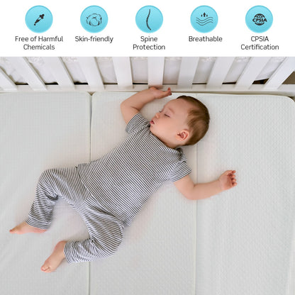 Portable tri-fold baby foam mattress with carry bag for travel, ideal for on-the-go comfort.