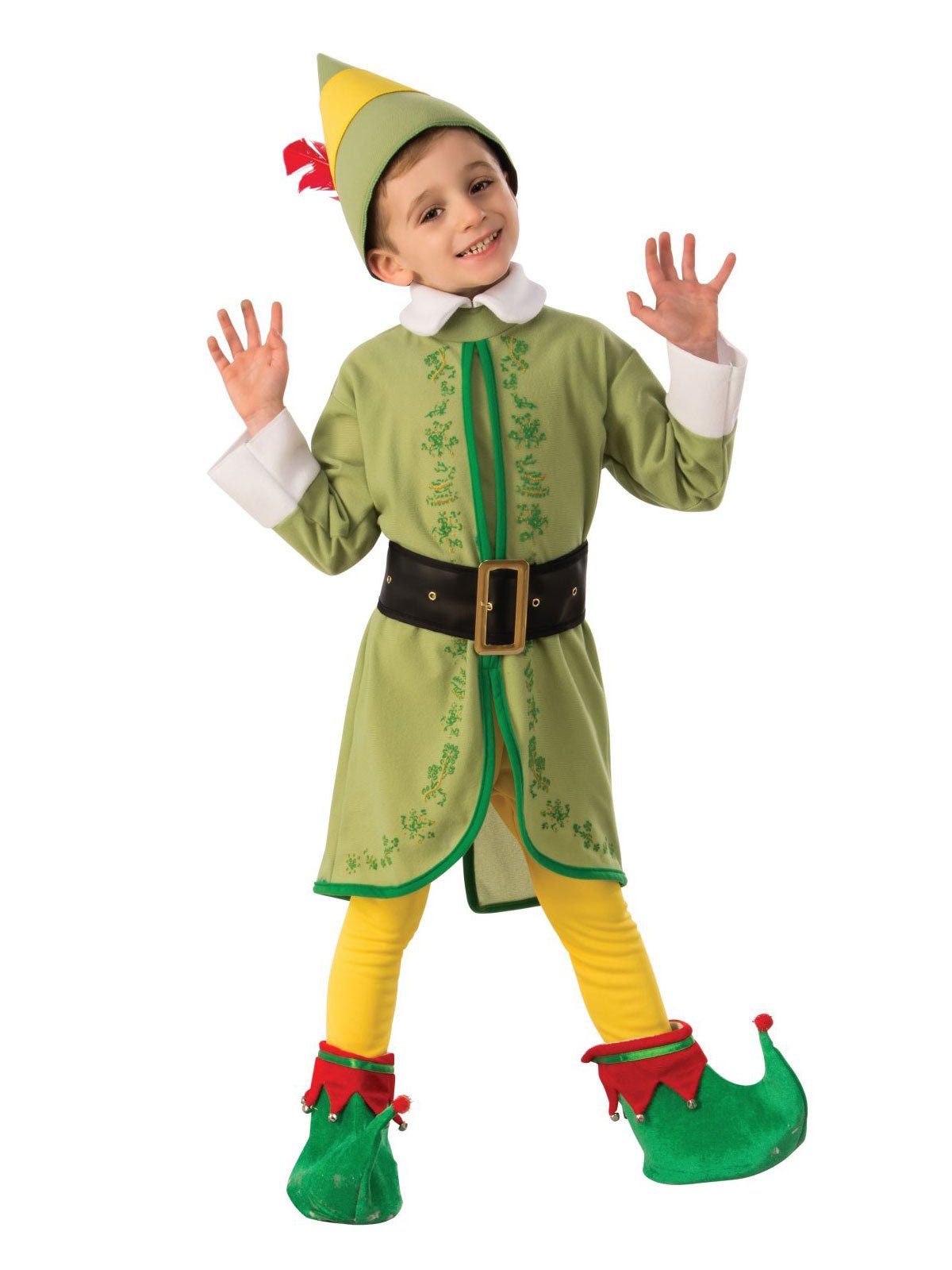 Buddy The Elf Kids Costume with jacket, hat, tights, and belt for festive playtime.