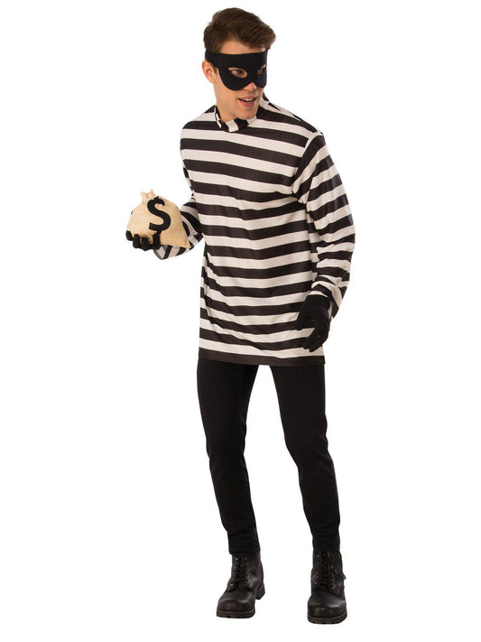 Burglar costume for kids with money bag prop, perfect for home dress-up play.