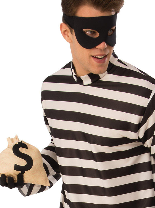 Burglar costume set for kids with money bag prop, ideal for dress-up and playtime.