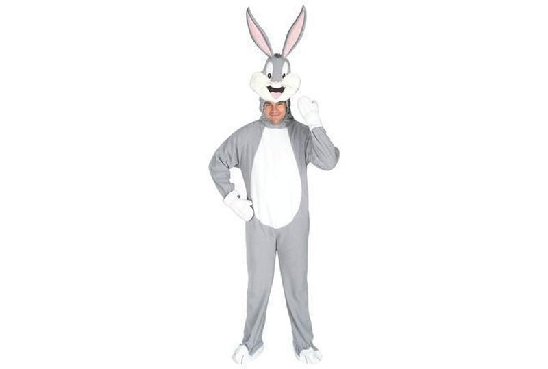 Colorful Bugs Bunny costume for adults with full body jumpsuit, ideal for childrens dress-up.