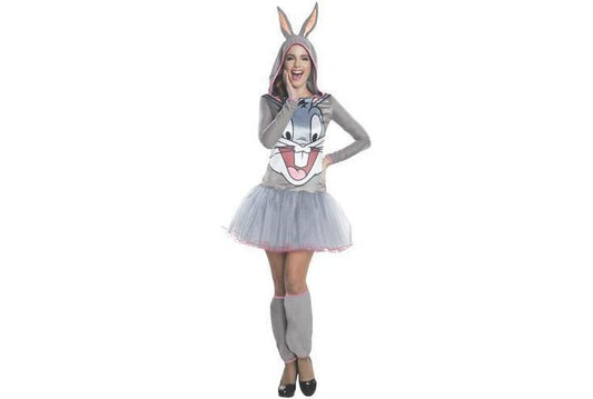 Bugs Bunny tutu dress with hood and leg warmers for kids themed dress-up play.