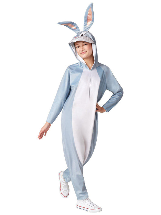 Bugs Bunny hooded jumpsuit, Looney Tunes costume for kids, perfect for cozy playtime at home.