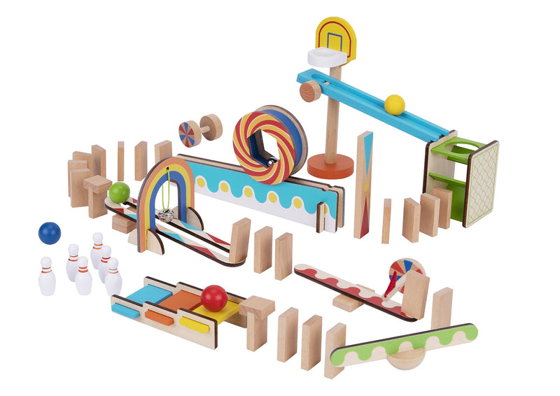Shop Tooky Toy 57 piece wooden Dominoes Run Set with ramps, rollers, and seesaws, perfect for exploring kinetic energy in action.