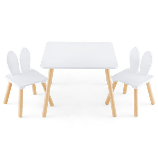 Bunny-eared table and chair set sparks creativity in kids play space. Ideal for young imaginations.