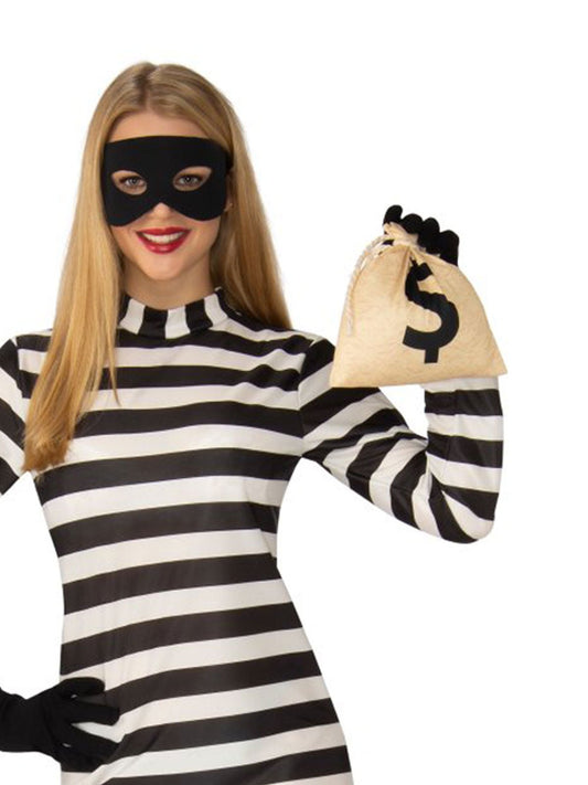 Burglar Missy Halloween Costume Set for Adults - Fun costume for dress-up and Halloween. Black and white striped outfit.