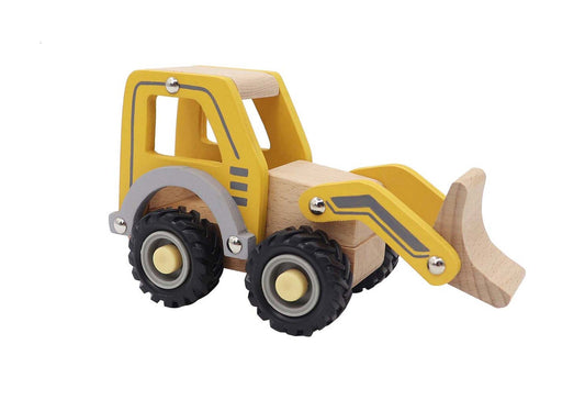 Bulldozer toy with serene, coastal design for imaginative play in kids rooms or playrooms.