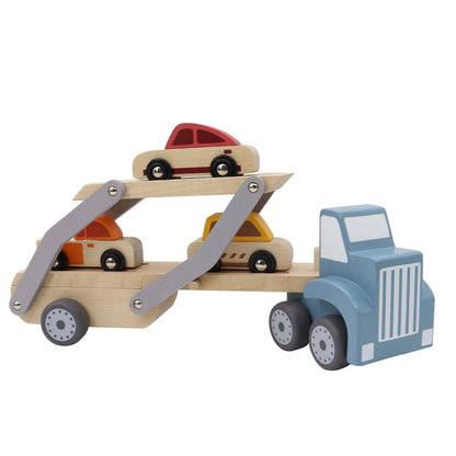 Child-friendly car carrier toy with calm blue tones, perfect for imaginative play at home.