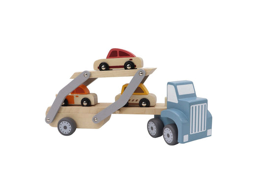 Child-friendly car carrier toy with calm blue tones, perfect for imaginative play at home.