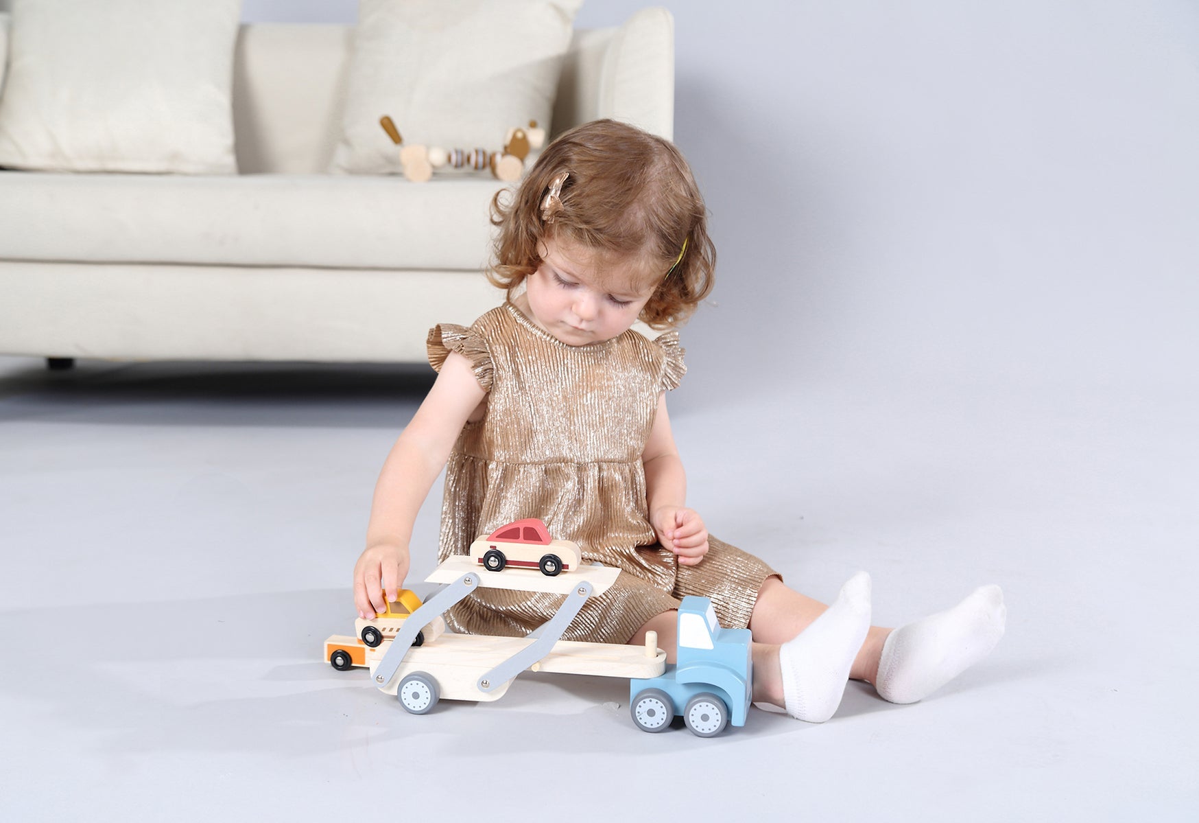 Alt text | Childrens car carrier toy with tranquil design for imaginative play and storage.